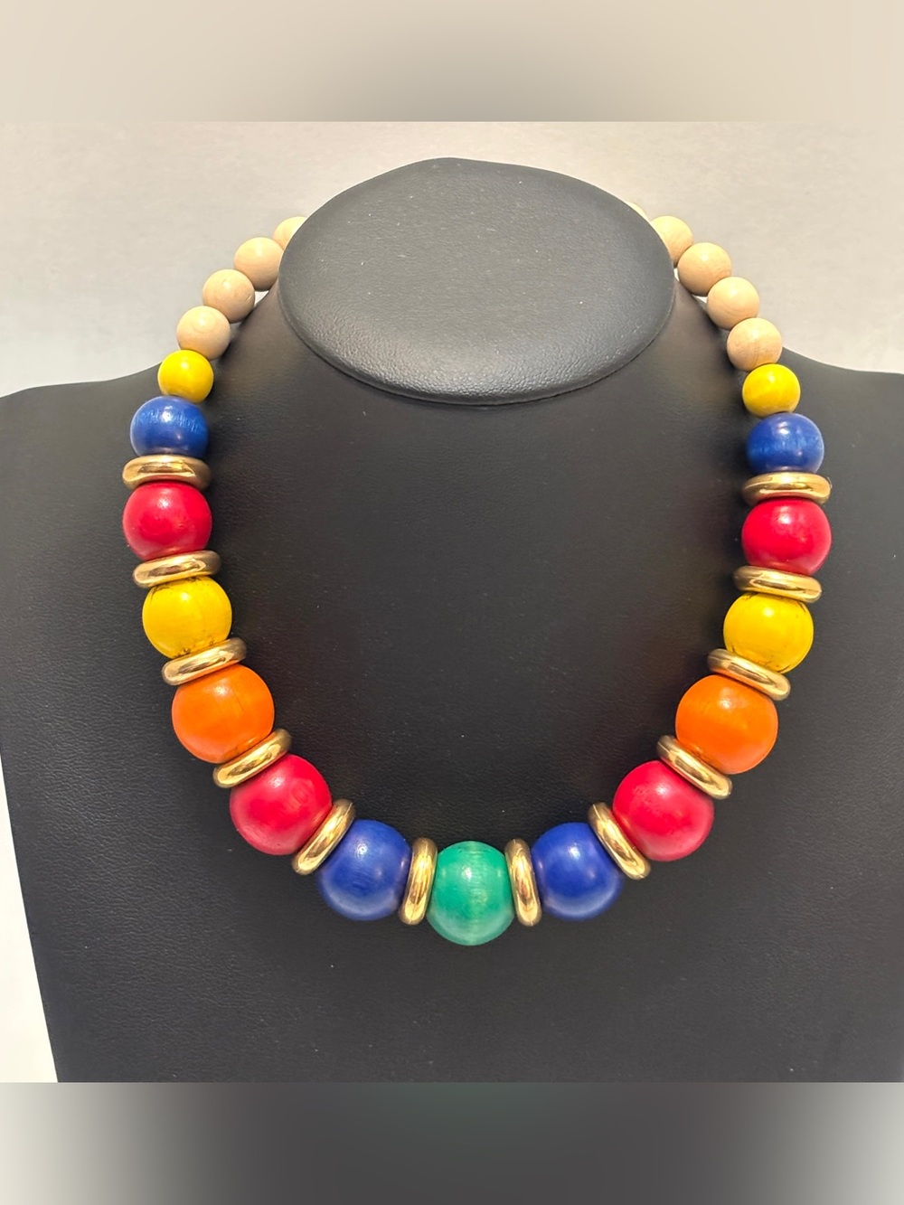 Vogue Vintage 80’s Wood Rainbow Bead Necklace Colorful Retro 15” Choker Boho